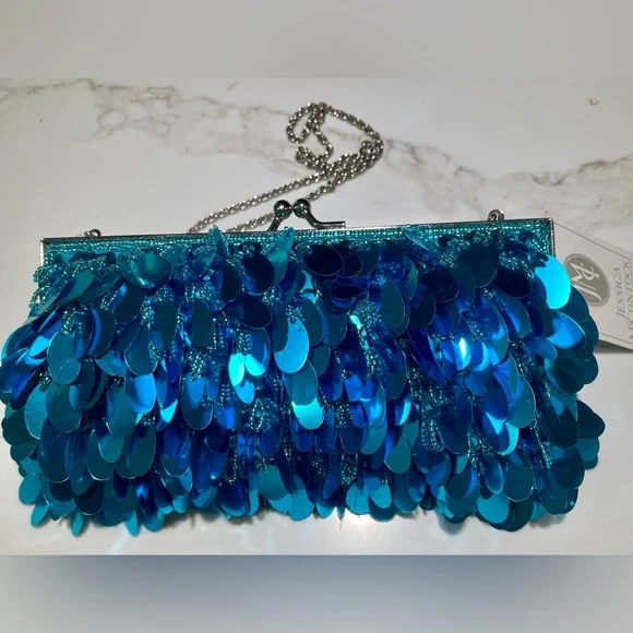NWT JESSICA MCCLINTOK Sequined Bling Crossbody Clasp, 9”W x 5”H, Turquoise Blue - Picture 4 of 8